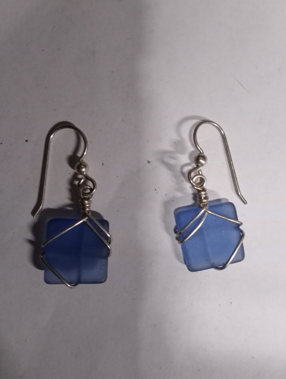 Handmade Blue Sea Glass Drop Earrings with Silver Wire Wrap